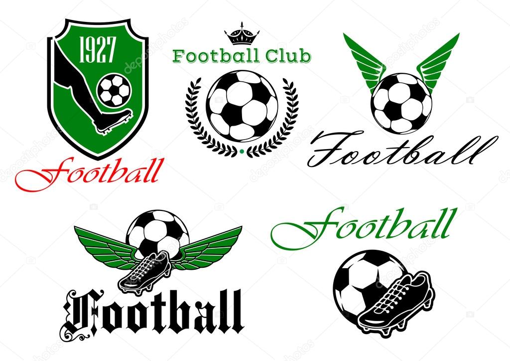 Football or soccer club icons with heraldic shield, foot kicking a ball and date foundation, crowned ball with laurel wreath, winged ball and shoes