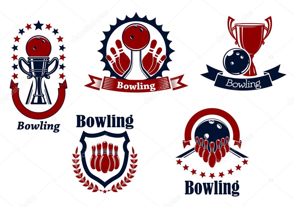 Bowling competition icons with balls, ninepins and trophy cups on lanes adorned by stars, ribbon banners and heraldic shield laurel wreath