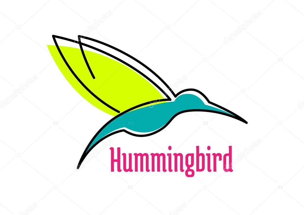 Abstract icon of hummingbird bird in flight, with blue and yellow feather