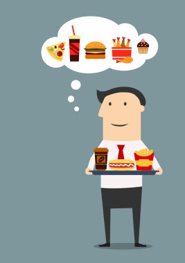 Businessman with tray of fast food
