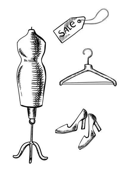 Shoes, label, hanger and mannequin  sketch — 스톡 벡터
