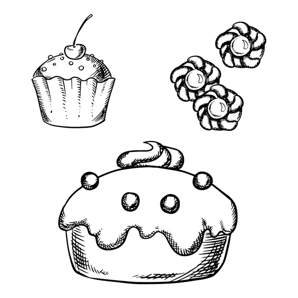 Bocetos de pasteles, magdalenas y galletas — Vector de stock