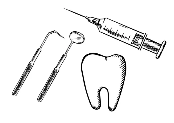 Icons of tooth, syringe, mirror and probe — Stockový vektor