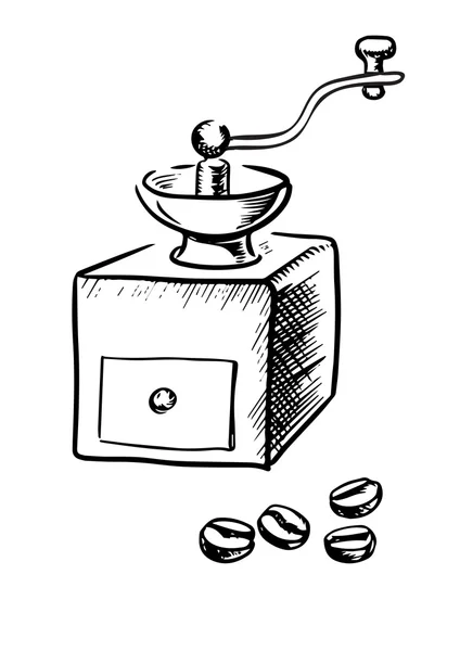 Moedor de café manual com grãos de café — Vetor de Stock