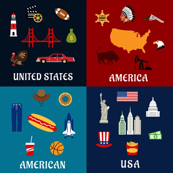 USA travel and american flat icons — Stock Vector