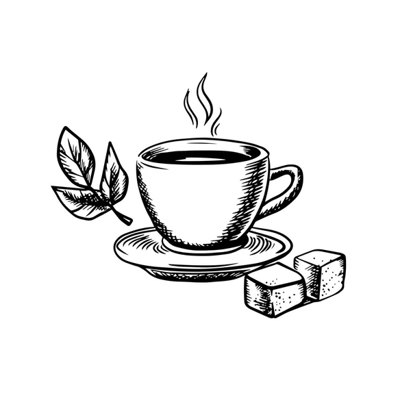 Taza de té con azúcar y hojas de menta — Vector de stock