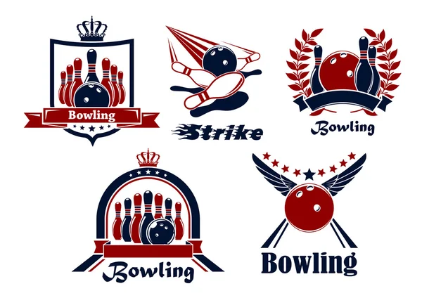 Emblèmes de bowling avec des articles de jeu — Image vectorielle