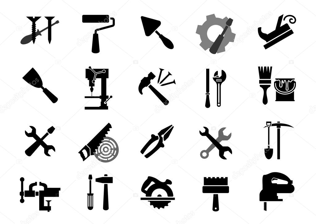 Black icons of of screwdrivers, wrench, paint roller and brush, trowel, jack plane, hammer, pliers, saw, rasp, drill press, pickaxe, shovel, vice, miter saw, spatulas, fretsaw