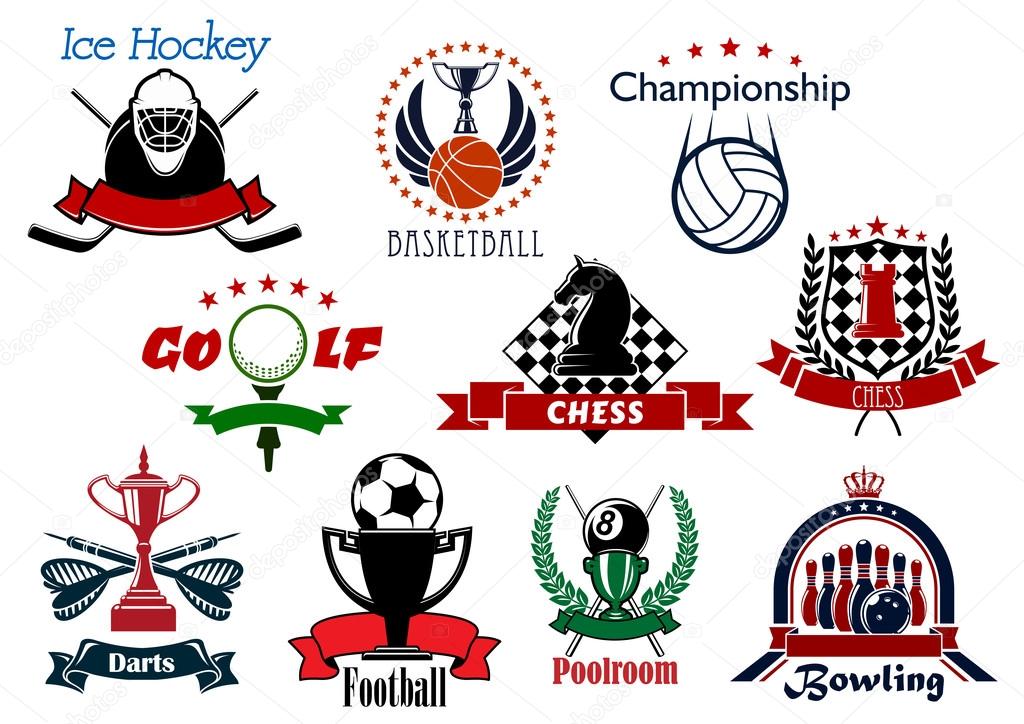 Sport and leisure icons or symbols with ice hockey, basketball, volleyball, golf, chess, darts, soccer, football, billiards, pool and bowling items