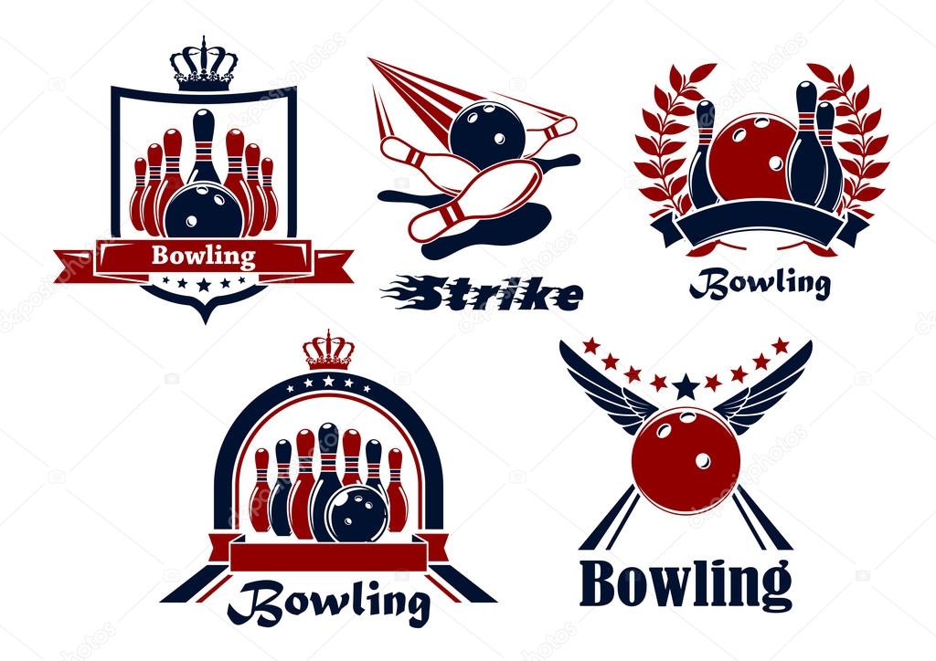 Bowling emblems with balls, ninepins, strike, lanes, supplemented heraldic shield, wreath, ribbon banners, stars, wings and crowns