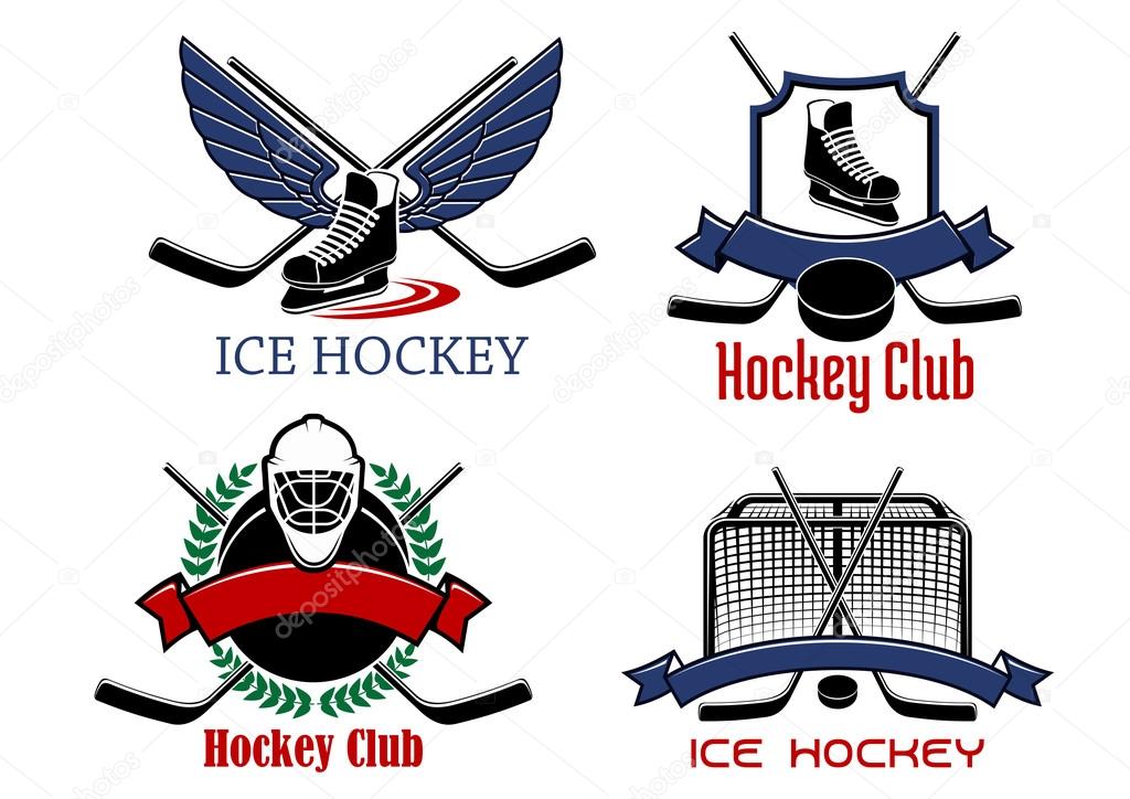 Ice hockey club or team badges and icons with crossed sticks, pucks, skates and goalie mask bordered by gate, shield, laurel wreath, decorated wings and ribbon banners