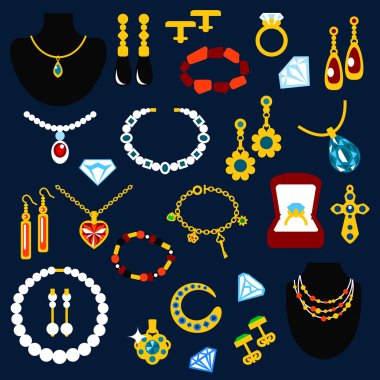 Jewelry and gems flat icons clipart