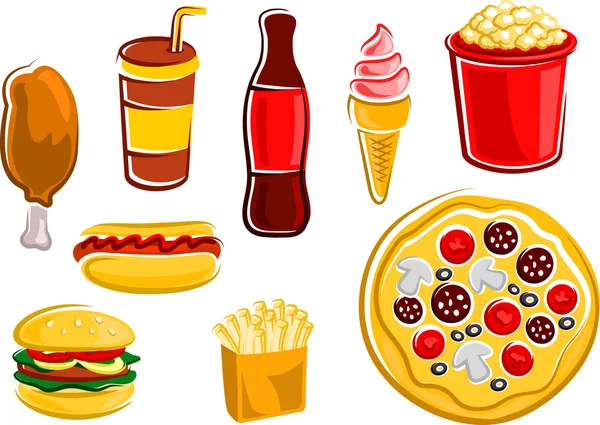 Cartoon fast food drinks and snacks — Stockový vektor