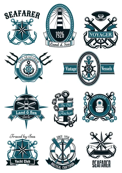 Badges nautiques vintage avec articles marins — Image vectorielle