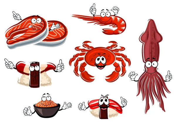 Personajes de mariscos y animales de dibujos animados — Vector de stock