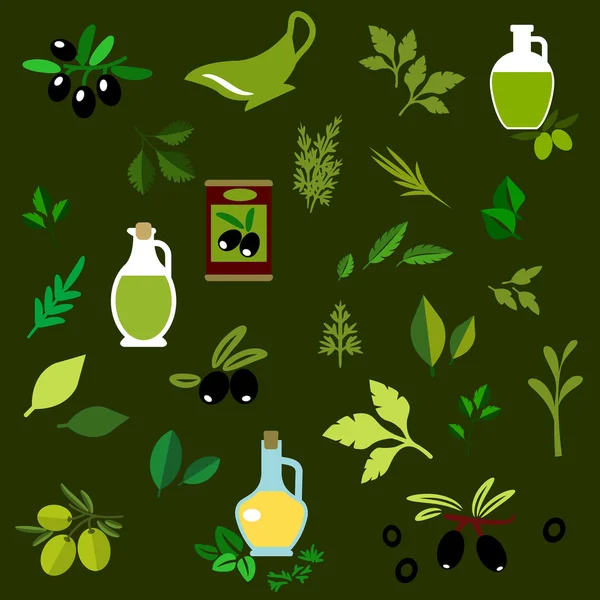 Iconos planos de frutas y hierbas de oliva — Vector de stock