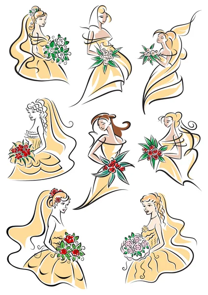 Brides in yellow wedding dresses — Stockvector