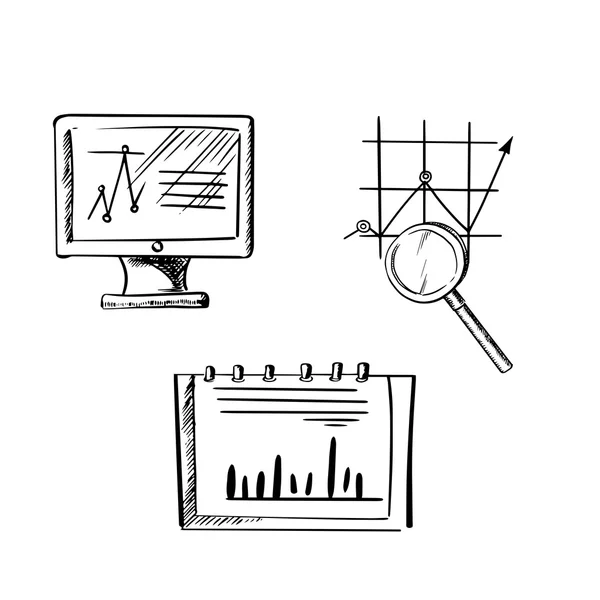 Monitor, notebook and business chart sketches — Stockvector