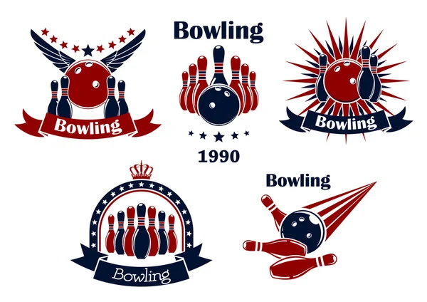 Bowling game emblems with strike — Stok Vektör