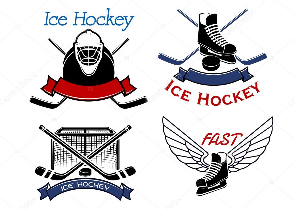 Ice hockey icons and symbols showing crossed sticks, pucks and gate with goalie mask and skates decorated by wings and ribbon banners