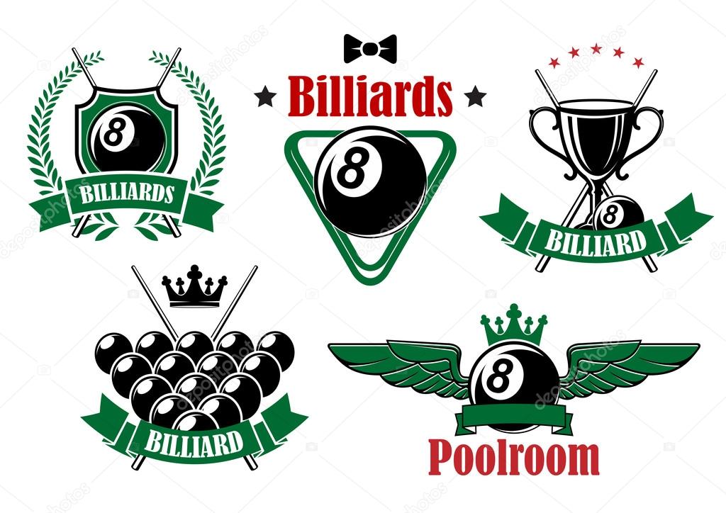Billiards and poolroom icons with black balls, crossed cues, trophy cup and triangle rack adorned by stars, wings, crowns, wreath and ribbon banners