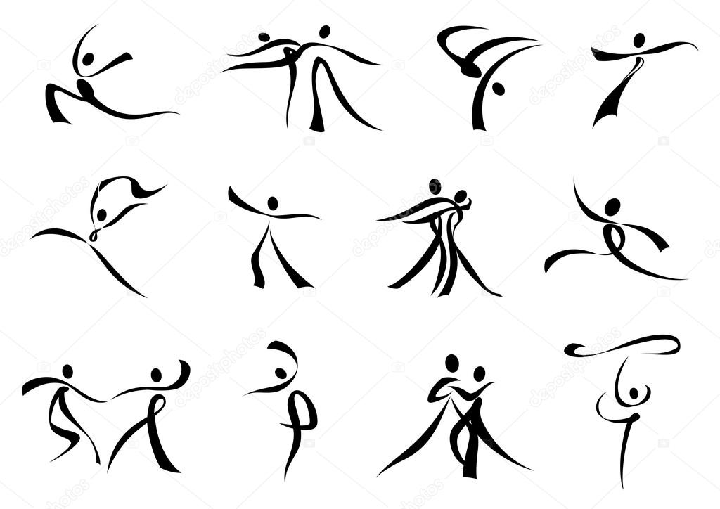 Dancing people abstract black silhouette composed of curling ribbons for sporting or entertainment design