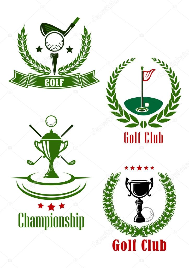 Golf club and championship emblems with trophy, clubs and flagstick framed by laurel wreaths with stars and ribbon banner