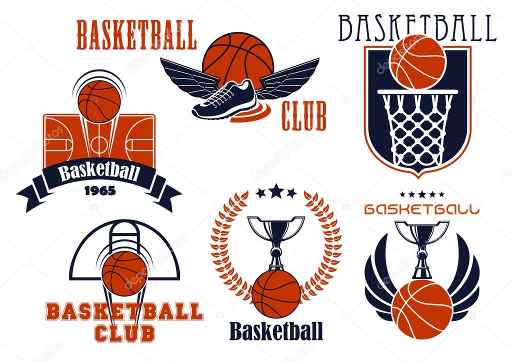 Basketball club or team emblems showing basketball balls with basket and backboard, courts, trophy cups and winged shoes, supplemented heraldic shield, laurel wreath, ribbon banner and stars