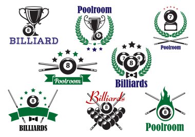 Billiard game or poolroom icons and symbols