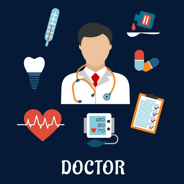 Icone mediche piatte con un medico — Vettoriale Stock