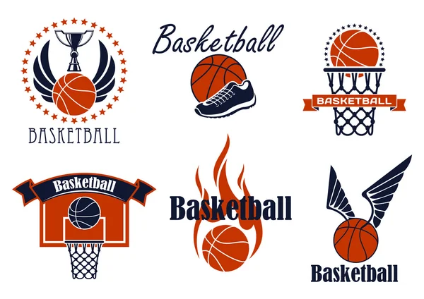 Baloncesto juego de iconos y símbolos deportivos — Archivo Imágenes Vectoriales