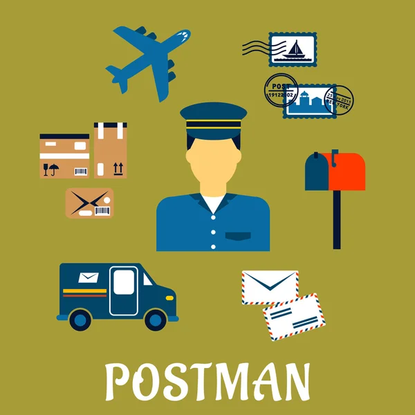 Flat postal icons around a Postman — 스톡 벡터