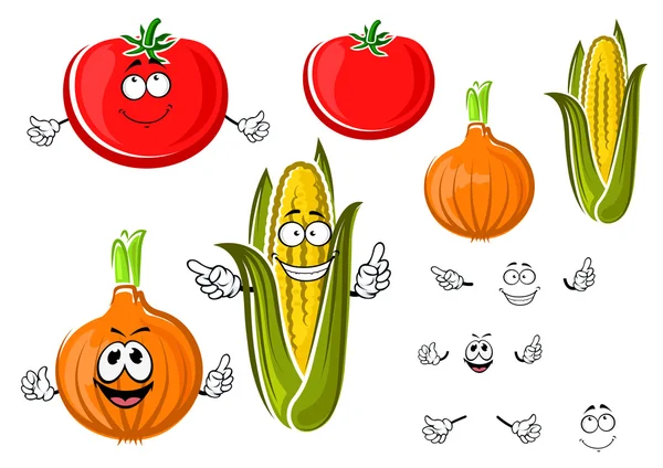 Feliz cebolla de dibujos animados, tomate y maíz — Vector de stock