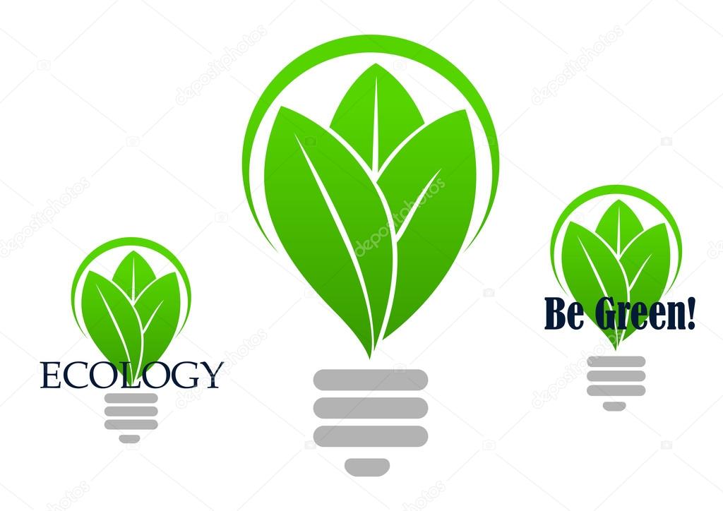 Save energy icon with with a stylized light bulb incorporating green leaves in three variants, one with no text, other with caption