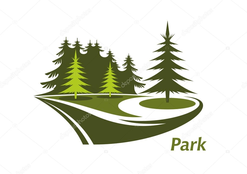 Modern green icon for a Park with swirling lawns and evergreen pines and the text Park below