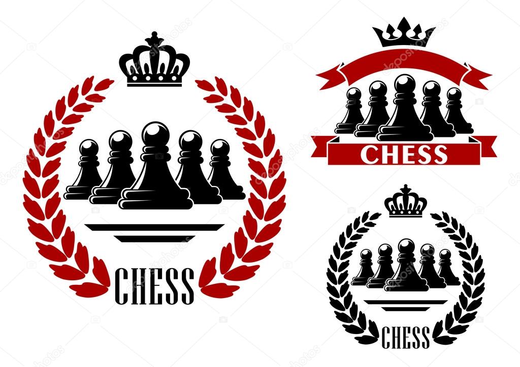 Elegant chess game heraldic symbol in black and red color with a number of pawns