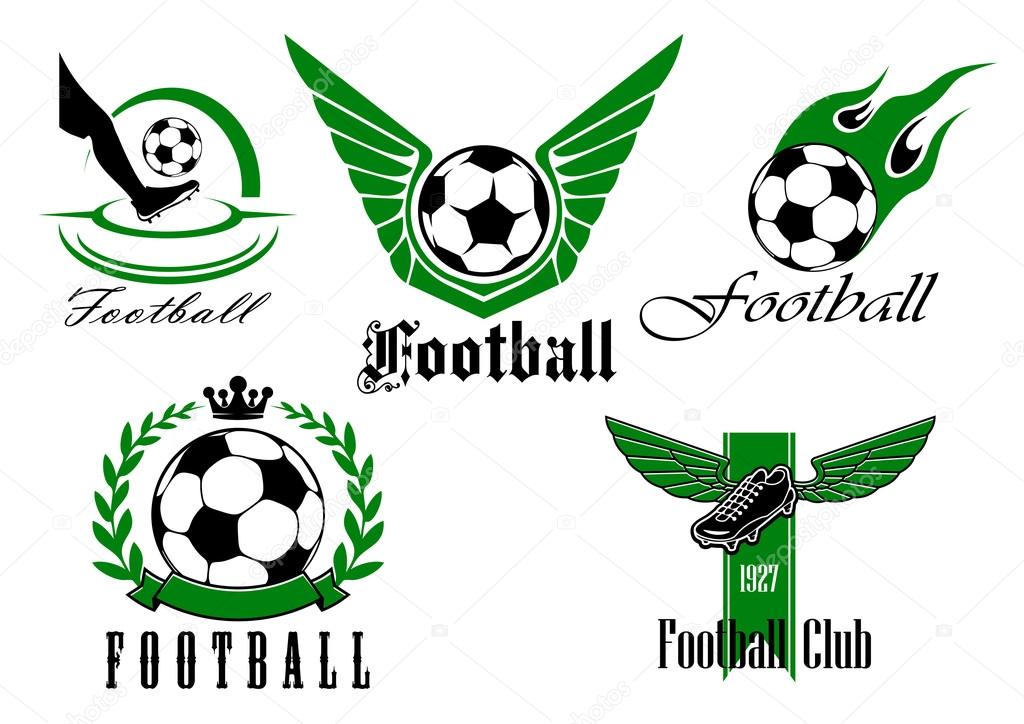 Football game icons or emblems set with winged and flaming ball, spike soccer shoes and ball inside laurel leaves