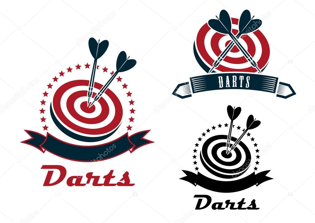Darts sport emblems or symbols with a ribbon banner, dart board and darts in different designs, dark grey and red colors