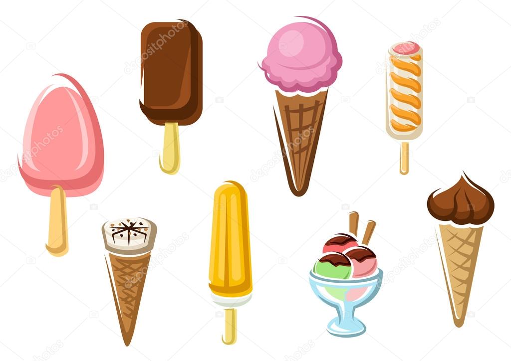 Ice cream icons with frozen suckers, ice cream cones and a sundae