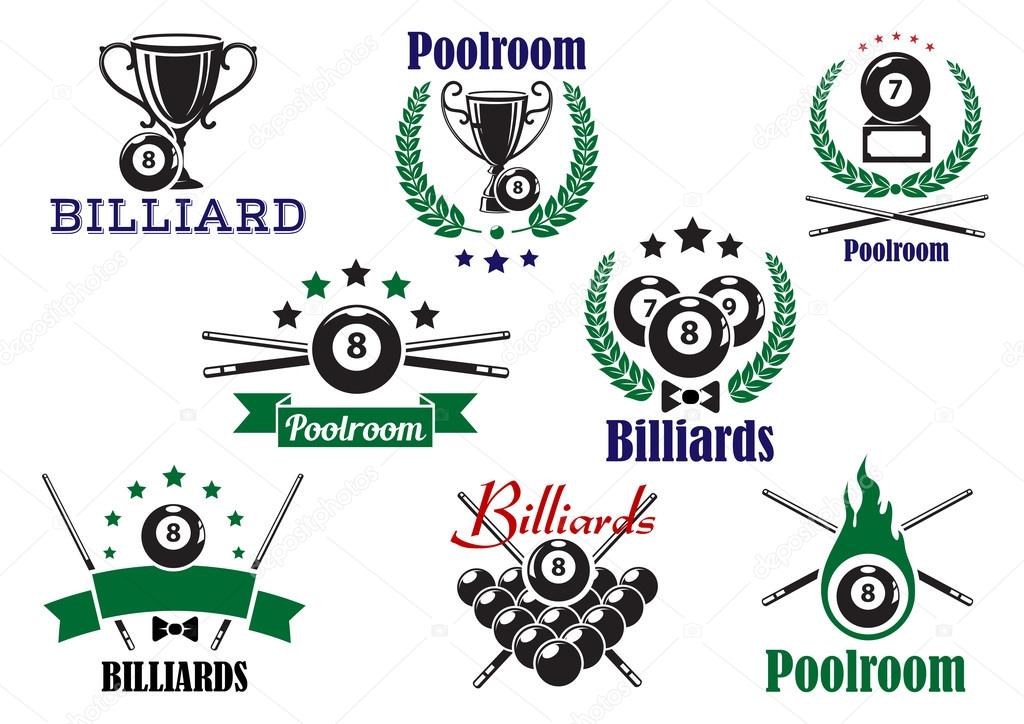 Billiard game or poolroom icons and symbols