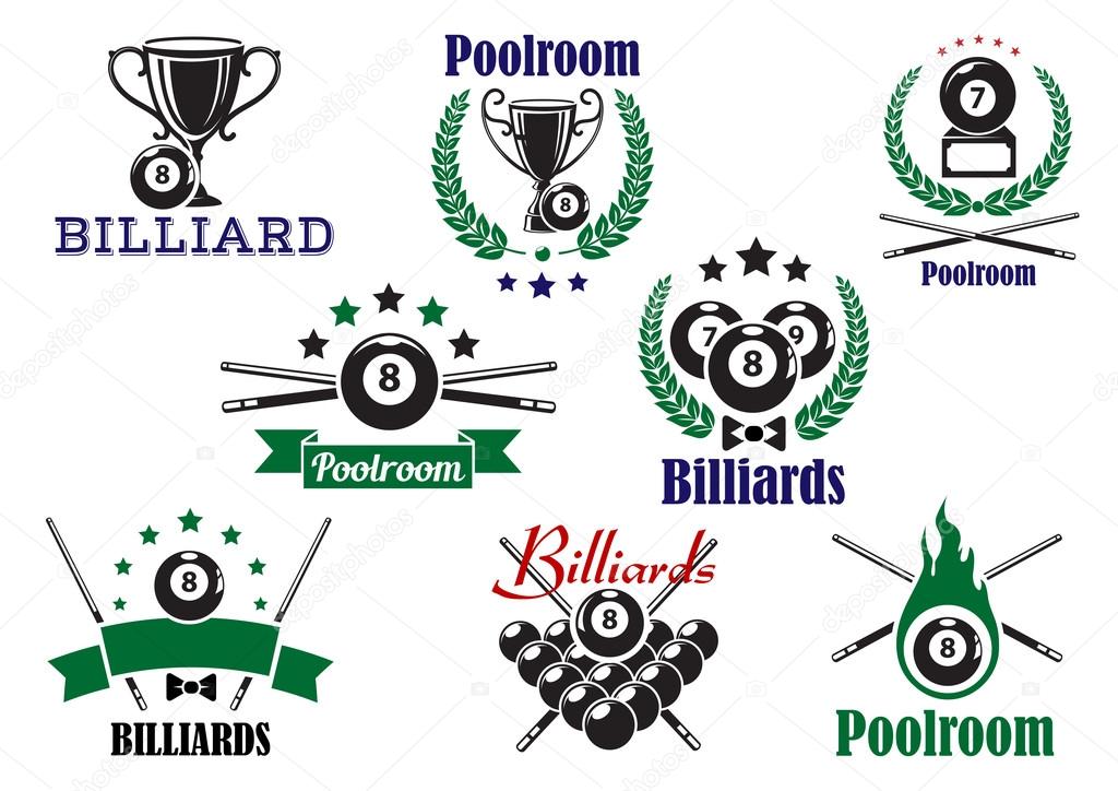 Billiard game or poolroom icons and symbols with balls, trophy cup, crossed cues and decorations