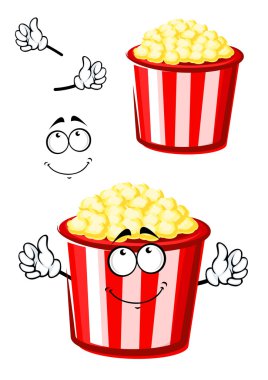 Cartoon popcorn character in striped bucket