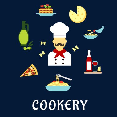 Italian cuisine flat icons with chef and dishes clipart