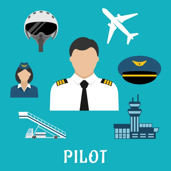 Profesión piloto e iconos aeronáuticos — Vector de stock