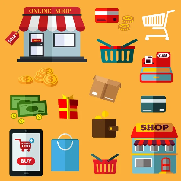 Compras y venta al por menor iconos planos — Vector de stock