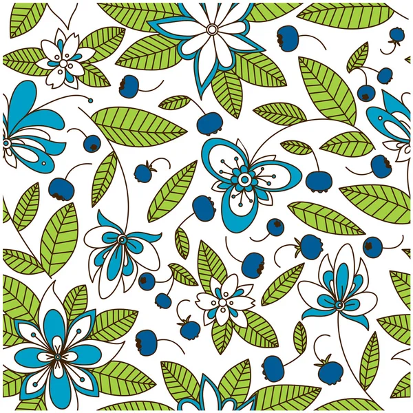Blueberry seamless pattern with flowers — Stock Vector