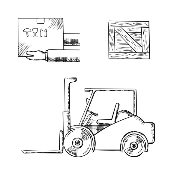 Delivery box, crate and forklift truck — Stock vektor