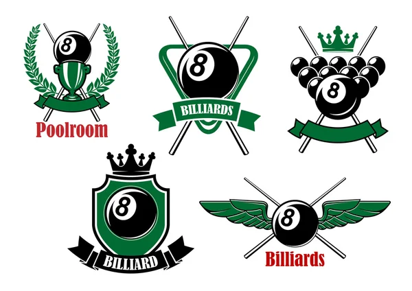 Pool, snooker and billiards game icons — Stok Vektör