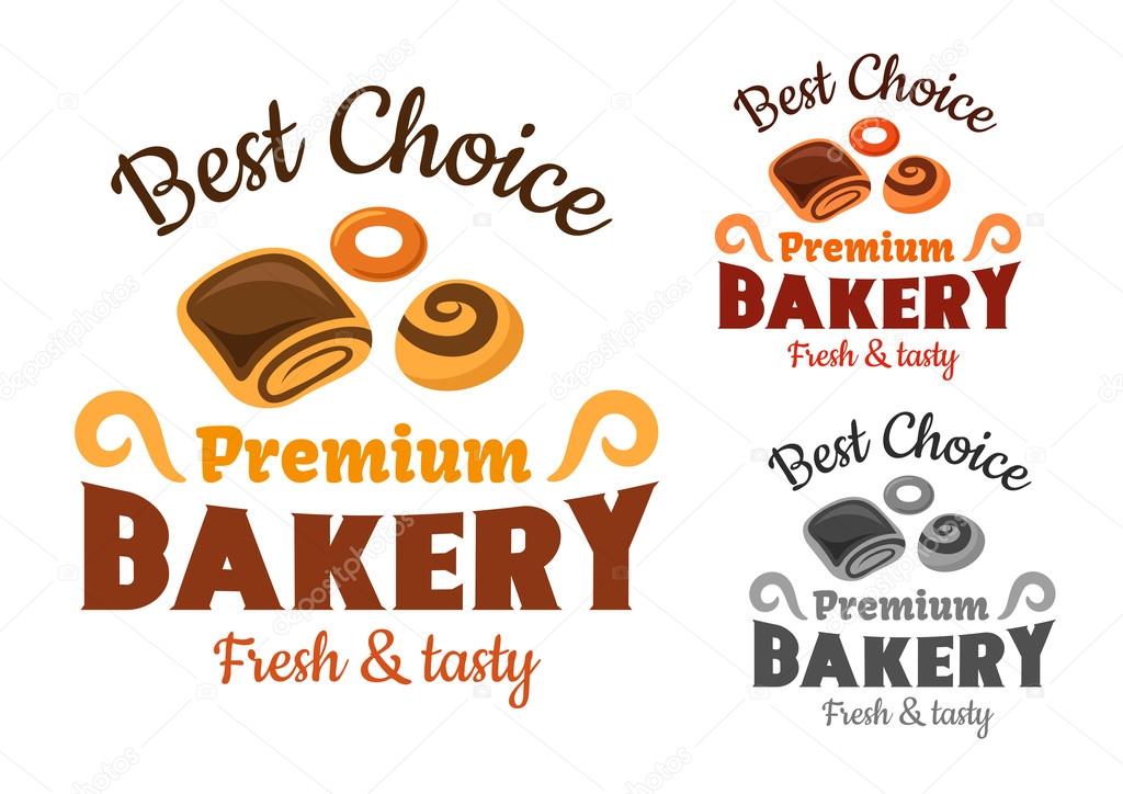 Premium bakery emblems or sign with cinnamon roll, bagel and sweet bun with chocolate for pastry or bakery shop icon