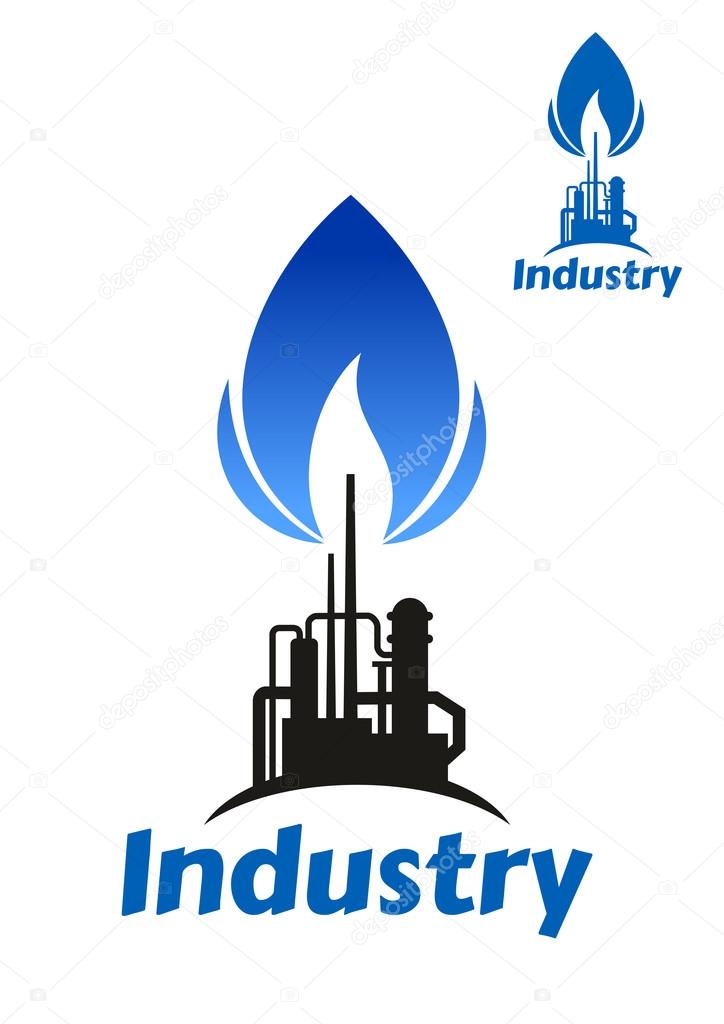 Oil and gas processing factory icon with black silhouette of pipeline and chimney with blue flame of associated gas and caption Industry below